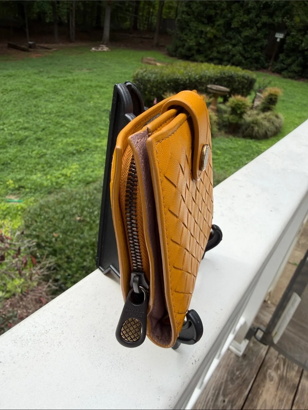Bottega Veneta Woven Leather Snap Wallet in Mustard GUC